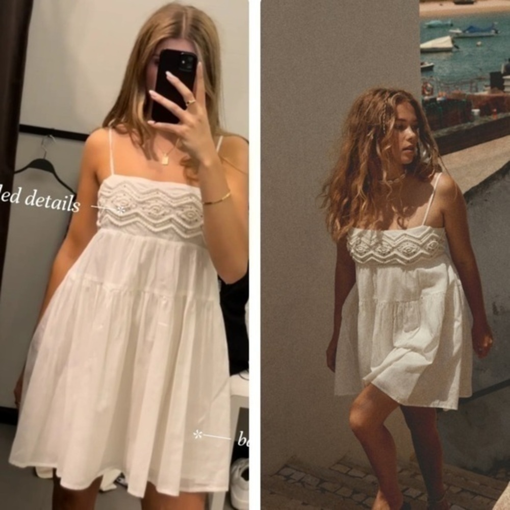 Zara White Lace-Bodice Spaghetti-Strap Mini Dress